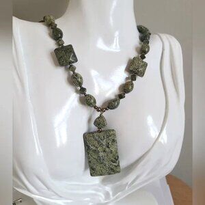 Vintage Sterling Silver Beaded Serpentine Green Gemstone Boho Western Y Necklace